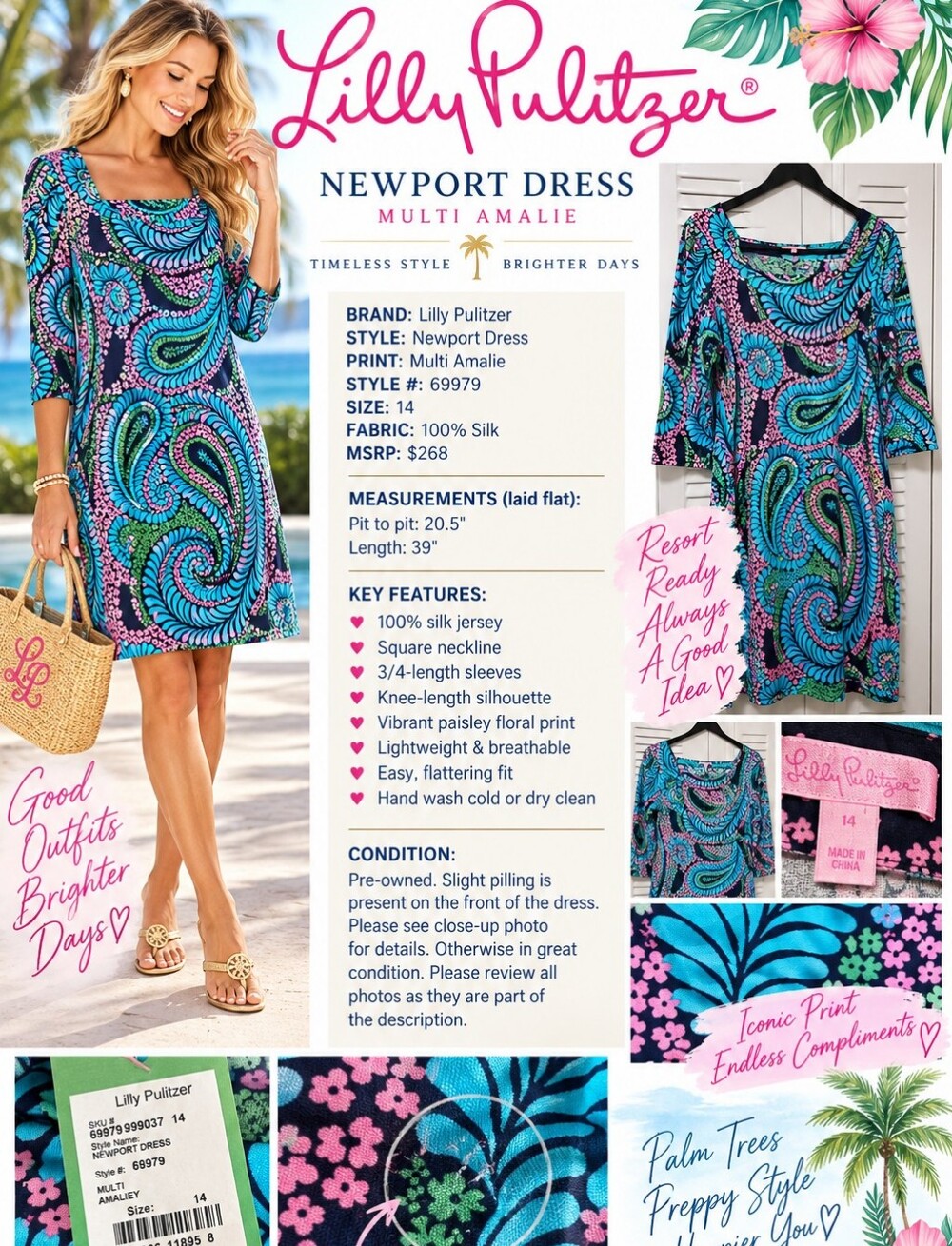 Lilly Pulitzer Newport Paisley 100% Silk Jersey Dress Blue Pink Green